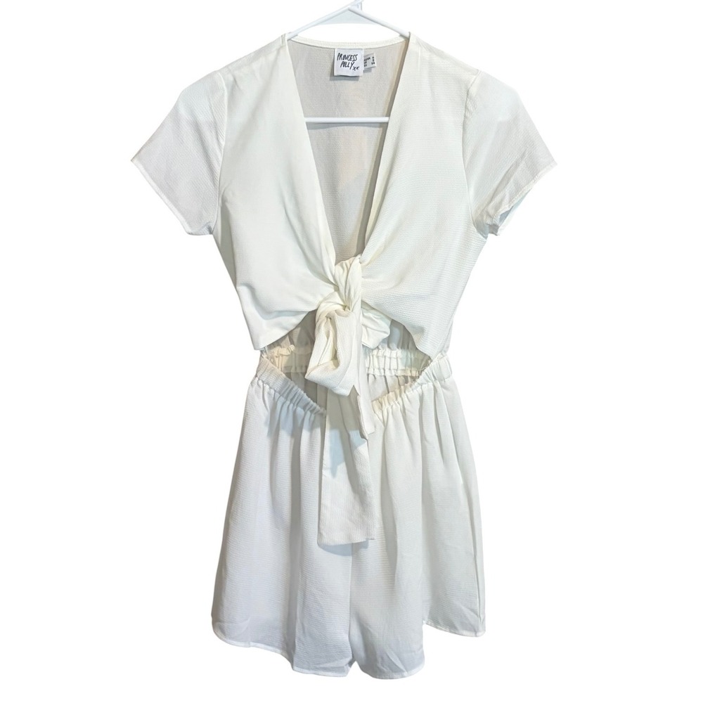 Princess Polly White Tie Front Cutout Romper Short Sleeve Textured Summer US 2